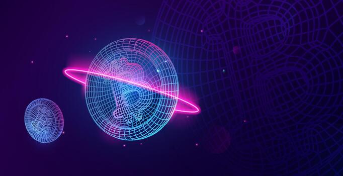 Digital Cryptocurrency Concept. Futuristic Wireframe Bitcoin Crypto Design With Neon Light Effects. Abstract Crypto Currency on Dark Blue Background. 3d Illustration. vector