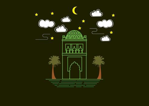 A domed mosque building stands under the night sky, illuminated by a crescent moon, many stars, and clouds, with two palm trees. vector