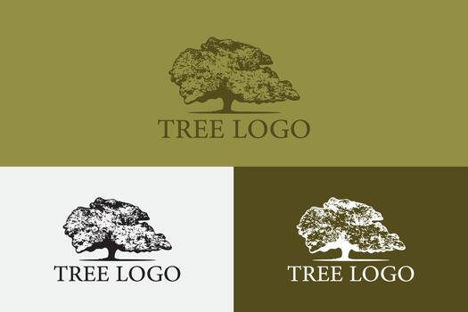 esta gráfico diseño vitrinas Tres distinto árbol logo variaciones, cada presentando un robusto árbol silueta ese simboliza fuerza y natural crecimiento. vector