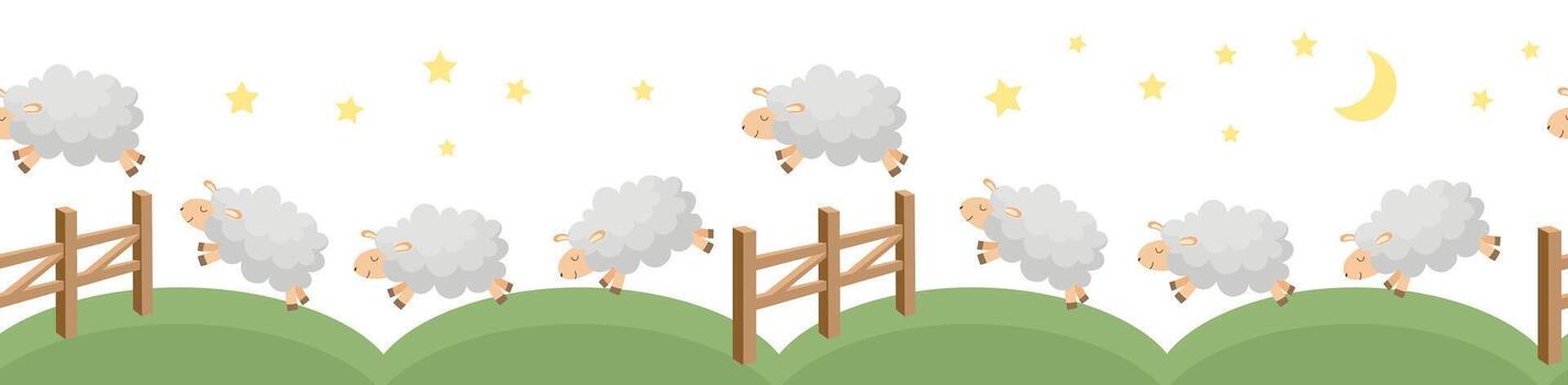 Seamless border with cute cartoon sheep jumping over fence. Counting sheep to fall asleep. vector