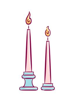 Two pink pillar candles of varying heights on a simple tray, soft glow, clean lines, pastel palette, minimal shadows, cozy romantic atmosphere, scalable and modern style vector