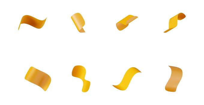 Yellow abstract 3d ribbon element set illustration. Gold confetti for celebration design. Shiny flowing paper for party or event. illustration vector