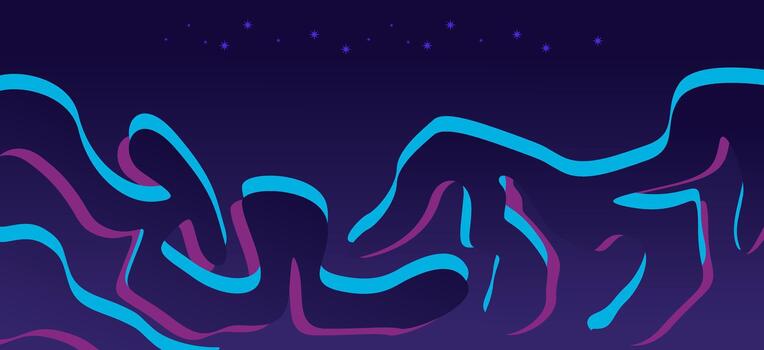 Dynamic Abstract Wavy Lines in Cyan and Magenta on Deep Purple Background with Stars vector