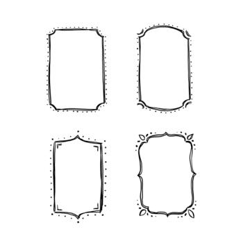 Four individual illustrations of frames and edges in a regal sketched style. vector