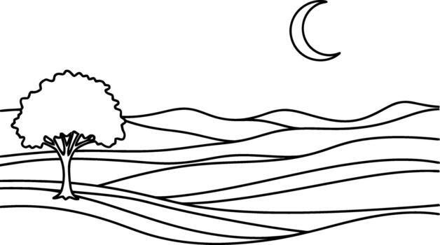 a tree and a moon in the middle of a field coloring page vector