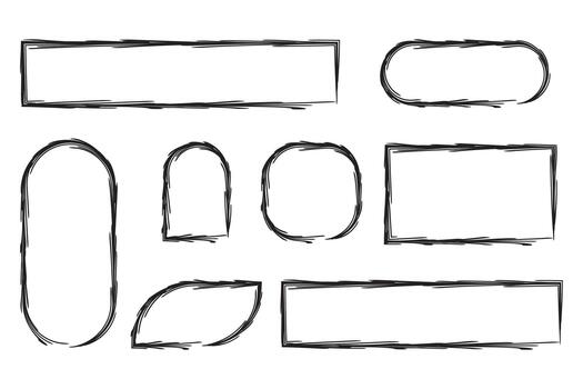 A set of hand-drawn frames. A collection of various geometric shapes. Text boxes with textured outlines. vector