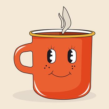 Mug with hot drink in groovy style on isolated background.Retro character. vector