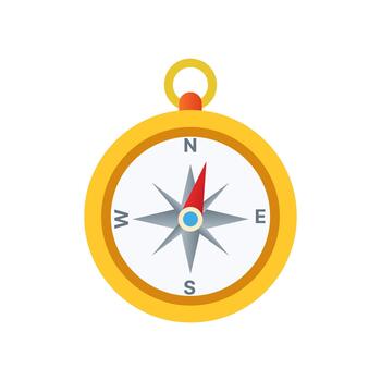 Flat compass illustration representing travel direction, adventure, and navigation. Perfect for maps, tourism, or hiking themed projects and design assets. vector