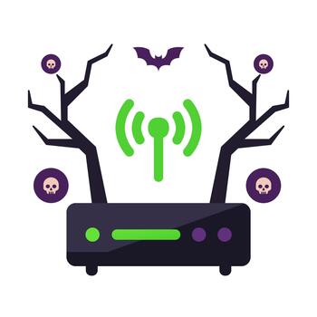 inalámbrico enrutador con escalofriante antenas conformado me gusta ramas y murciélagos Víspera de Todos los Santos tecnología, simbolizando Internet, red, y conectividad. vector