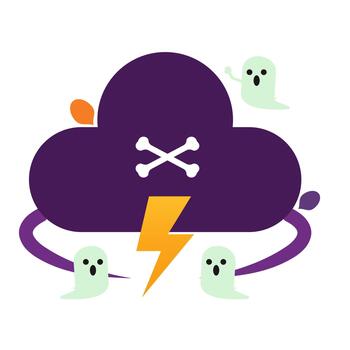 Purple storm cloud with lightning and tiny ghosts, Halloween illustration for weather, tech, and spooky design themes. vector