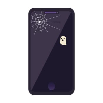 Stylish smartphone icon in dark mode with spider web accent. Halloween inspired for mobile, communication, and spooky tech themes. vector