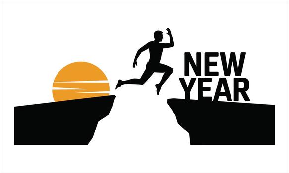 Man Jumping Between Cliffs with New Year Message vector