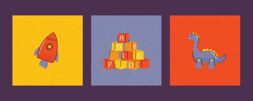 Collection of children's toy icons a rocket, a tower of blocks, and a dinosaur, for design and nursery products. vector