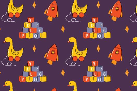 Duck Toys, Rockets and Stacking Blocks Pattern for Kids Prints and Fun Products vector