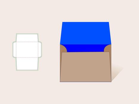 Envelope template mockup, open brown kraft paper envelope with blue flap, diecut layout for packaging design vector