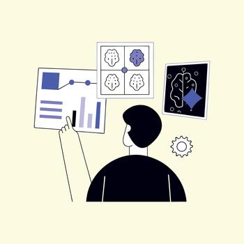 Person analyzing data and brain scan analysis chart vector