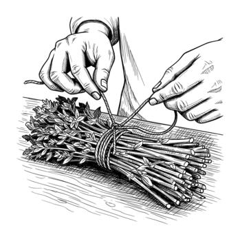 manos atadura hierba haz con cadena. mano dibujado tinta ilustración en realista bosquejo estilo. vector