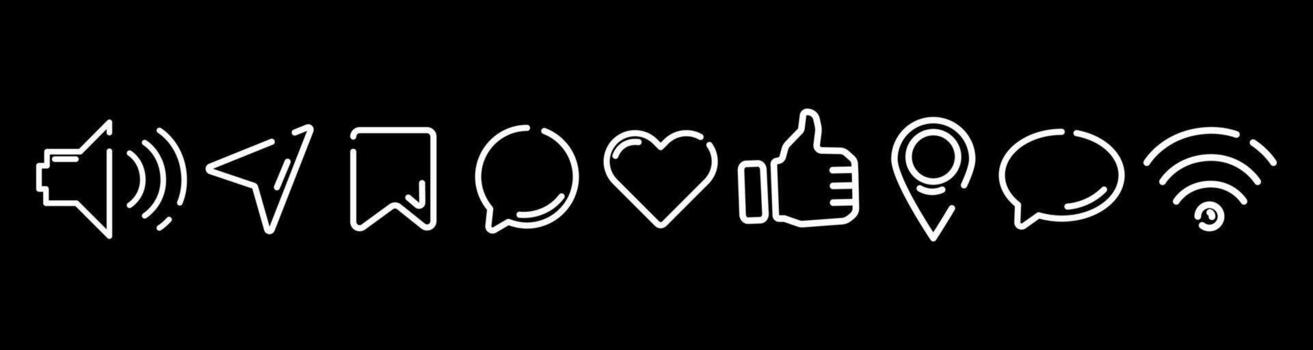 Minimalist line icons set for social media and mobile interface, speaker, send, bookmark, chat, heart, like, location, comment, for UI design, mobile apps, websites, digital presentations. vector