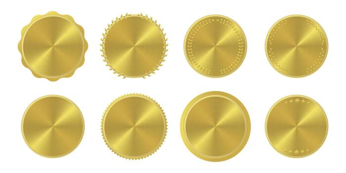 Eight gold medals or seals with different decorations, shiny and embossed, are displayed on a white background, creating a luxurious and celebratory atmosphere vector
