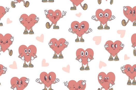A seamless pattern of pink kawaii hearts with a variety of emotions and gestures, each with a unique facial expression and pose. Perfect for design projects. vector