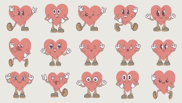 ilustración presentando linda dibujos animados corazón caracteres exhibiendo varios emociones cada corazón muestra un único expresión, creando un juguetón y dinámica modelo ideal para decorativo usar. vector