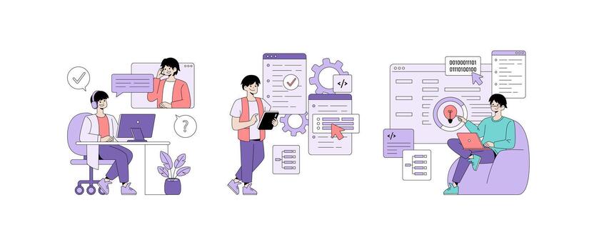 Developers multitasking with devices vector