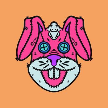 pinky rabbit doll head smiling with button eyes unique and cool design vector