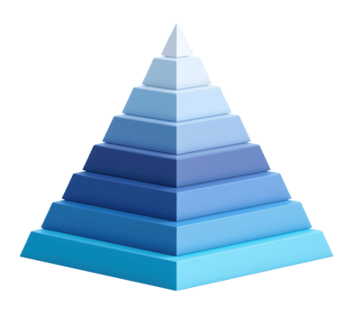 Pyramid structure in blue gradient shades showing hierarchical levels, pyramid infographic template, isolated on transparent background png