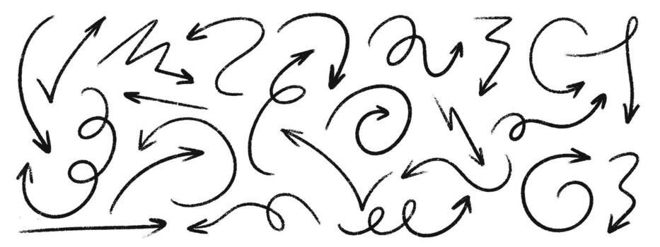 Marker arrow collection with hand drawn crayon and chalk elements. Rough pencil pointer icons vector