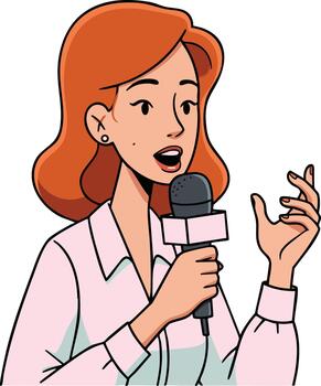 Woman reporter with microphone speaking and gesturing in broadcast interview illustration vector