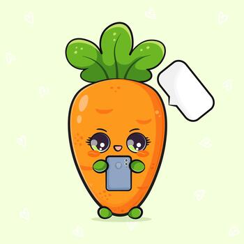 linda Zanahoria personaje utilizando teléfono inteligente con habla burbuja vector