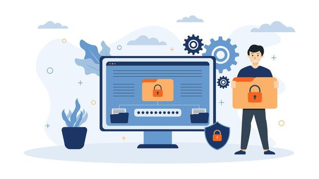 moderno ciber seguridad datos proteccion ilustración demostración bloqueado archivos contraseña acceso intimidad ajustes y seguro computadora sistema ideal para tecnología seguridad y digital la seguridad temas vector