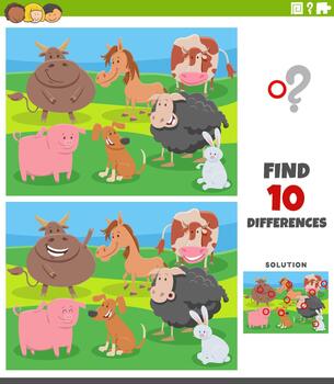 differences activity puzzle with cartoon farm animals group vector