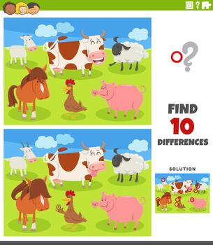 differences activity puzzle with happy cartoon farm animals group vector