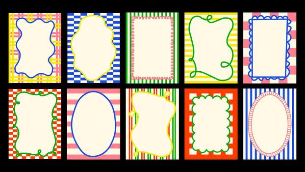 Retro-inspired frame pack with wavy contours, subtle stripes and flowing curved elements. Great for posters, journaling and print projects. vector