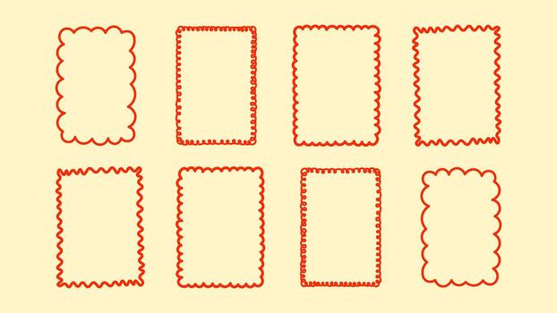 Doodle wavy-edge square frames with playful curves and retro flow, ideal for invitations, art prints, planners and decorative templates. vector