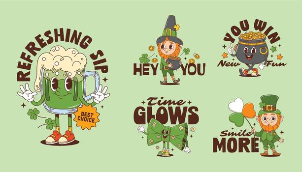 Retro groovy St Patrick Day characters vector
