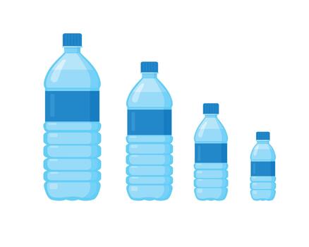 Set of plastic water bottles in different sizes, featuring blue labels and caps, arranged from largest to smallest on a clean white background. vector