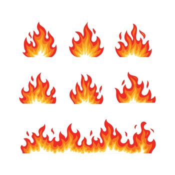 Bright flame collection with bold red, orange, and yellow layers, featuring dynamic fire shapes ideal for icons, effects, and graphic design. vector
