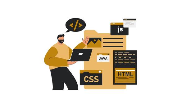 masculino Interfaz desarrollador explicando programación líneas vector