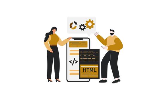 dos desarrollador discutir acerca de solicitud desarrollo. idioma programador html y web solicitud vector