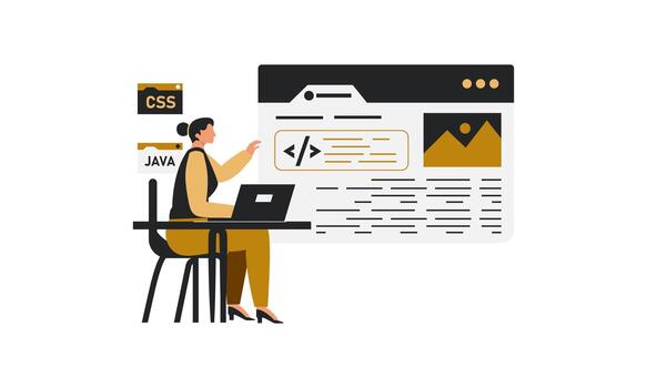 mujer es explicando acerca de codificación en un web página vector