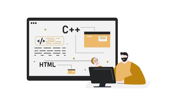 hombre explicando web programación. masculino demostración pantalla computadora programador software codificación idioma. css html código vector