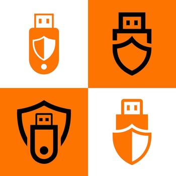 Orange usb flash drive icon with shield symbolizing data security and digital protection vector