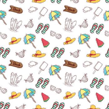 Seamless pattern of summer elements such as watermelon, bikini, umbrella, and flip-flops, using a doodle drawing style vector