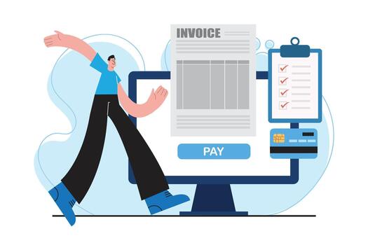 Business illustration of online invoice with pay button, checklist, credit card, and digital payment process for financial management, accounting systems, and electronic billing platforms. vector