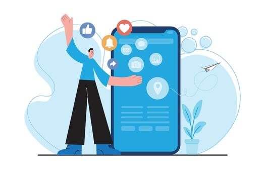 moderno plano ilustración de un hombre interactuando con un móvil aplicación interfaz presentando social medios de comunicación iconos, notificaciones, y digital comunicación elementos. vector