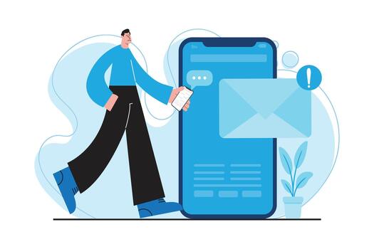 Modern flat illustration of a man receiving important email notifications on a mobile app interface, representing message alerts and digital communication. vector