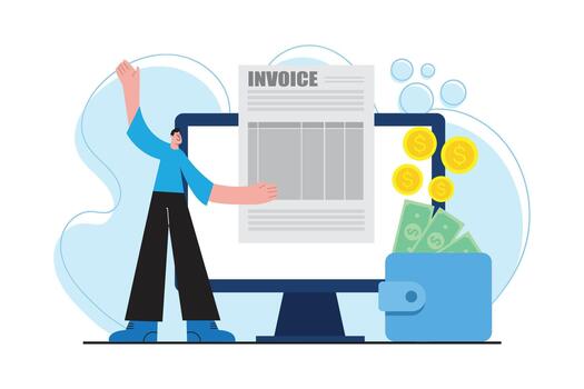 Illustration of digital invoice management with online payment, financial transaction, money wallet, and business billing process for finance apps, accounting systems, and automated billing solutions vector