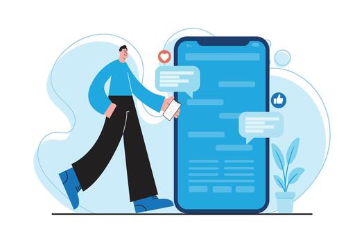 plano diseño ilustración de un hombre recepción social notificaciones y charla mensajes en un grande móvil pantalla, representando en línea comunicación y social medios de comunicación actividad. vector